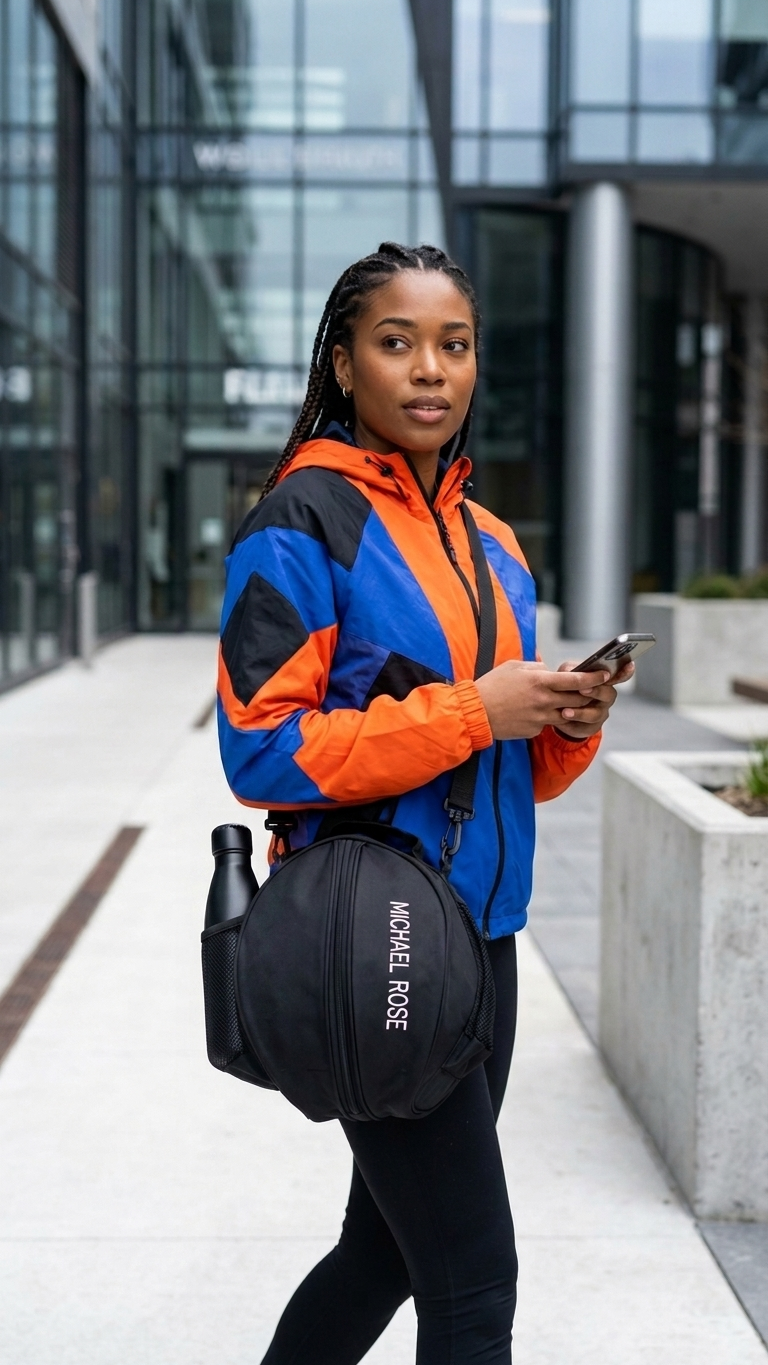 Commuter wearing the black sling ball bag with a water bottle in the mesh pocket