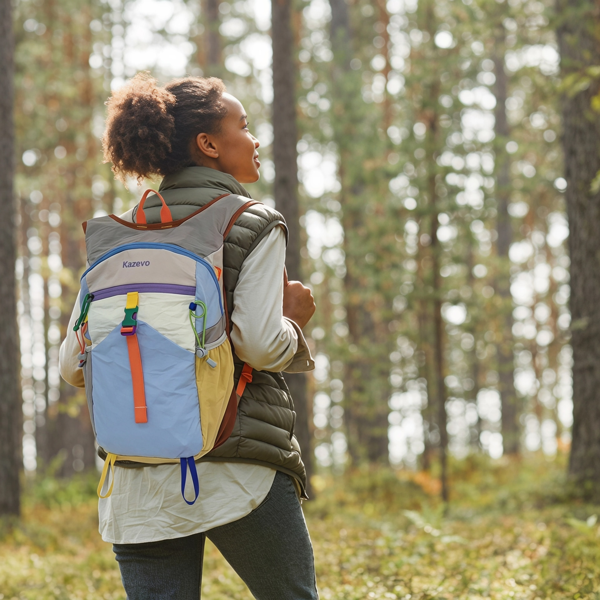 Hiker in a forest wearing a colour-block kazevo Outdoor Backpack