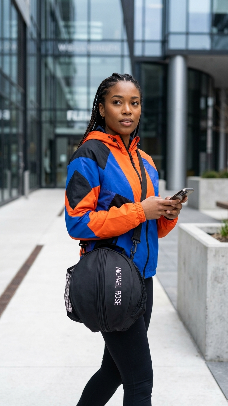 Street style shot of the kazevo Michael Rose sports sling bag