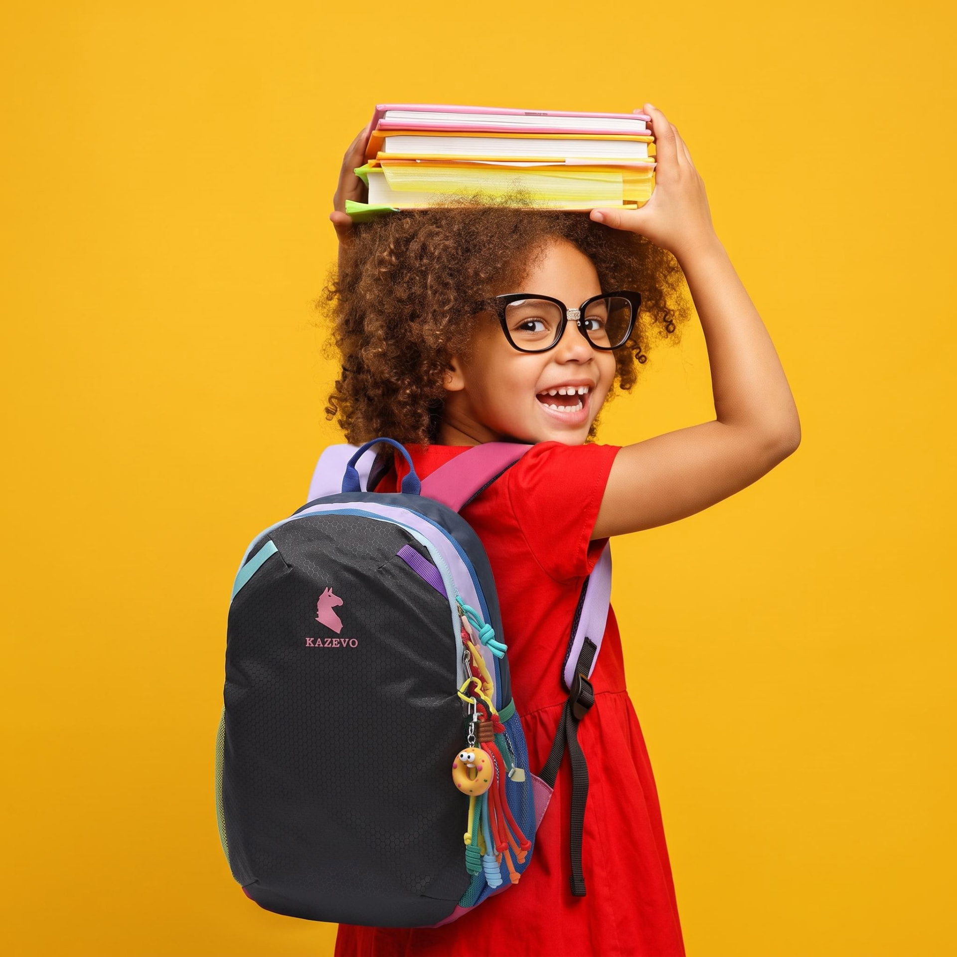 Schoolgirl carrying books and wearing a kazevo Mini backpack
