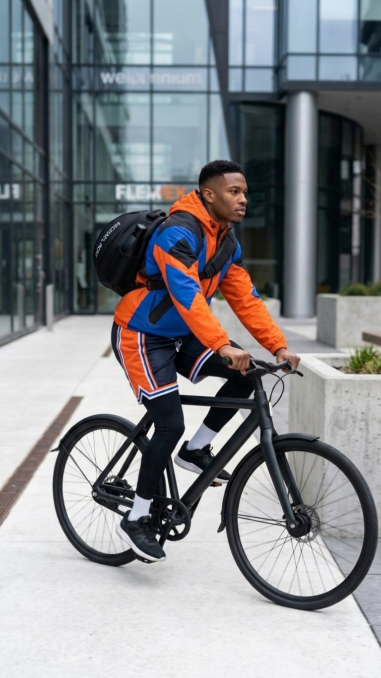 Cyclist riding with the kazevo Michael Rose bag worn as a double-strap backpack