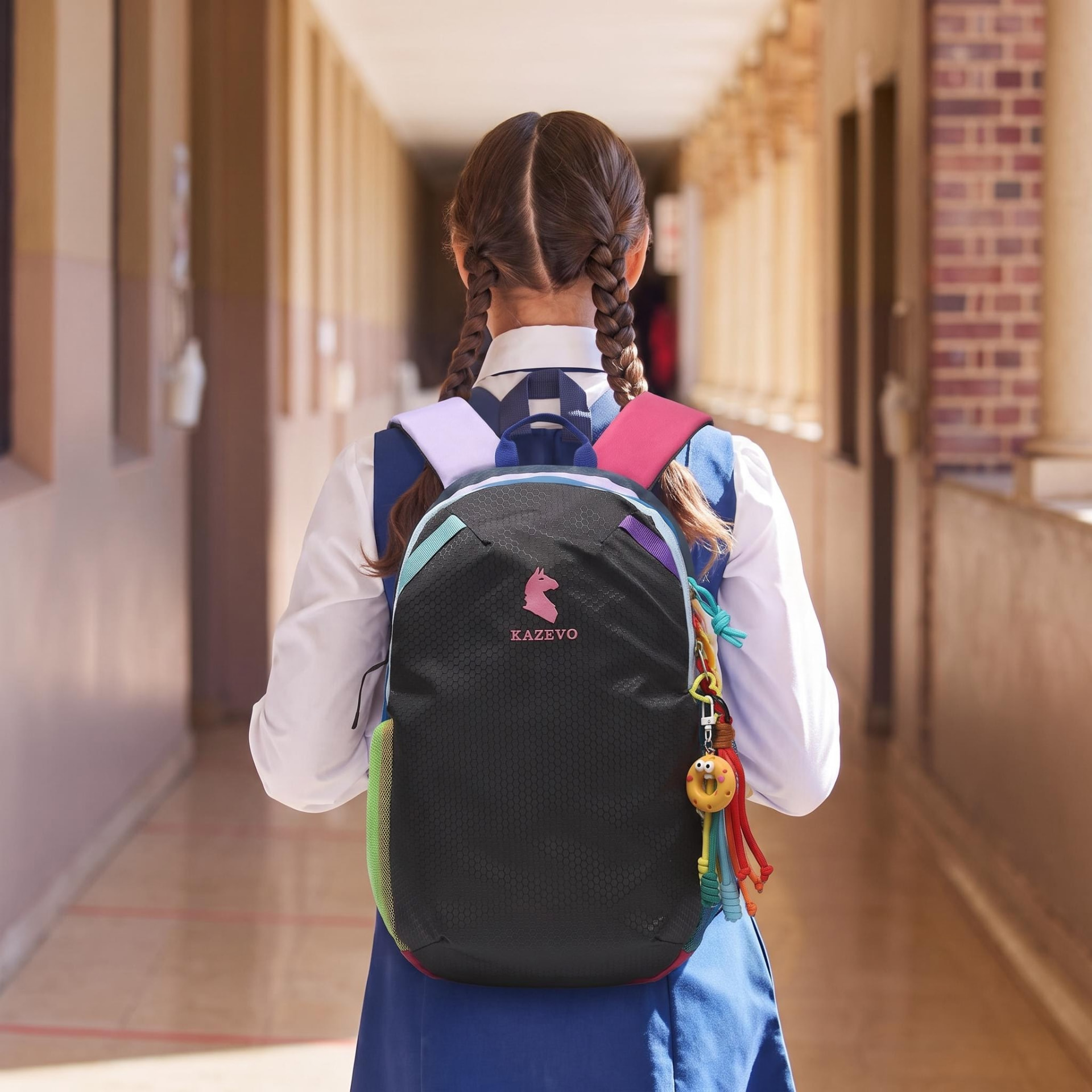 Girl walking down a school hallway with a kazevo Mini backpack